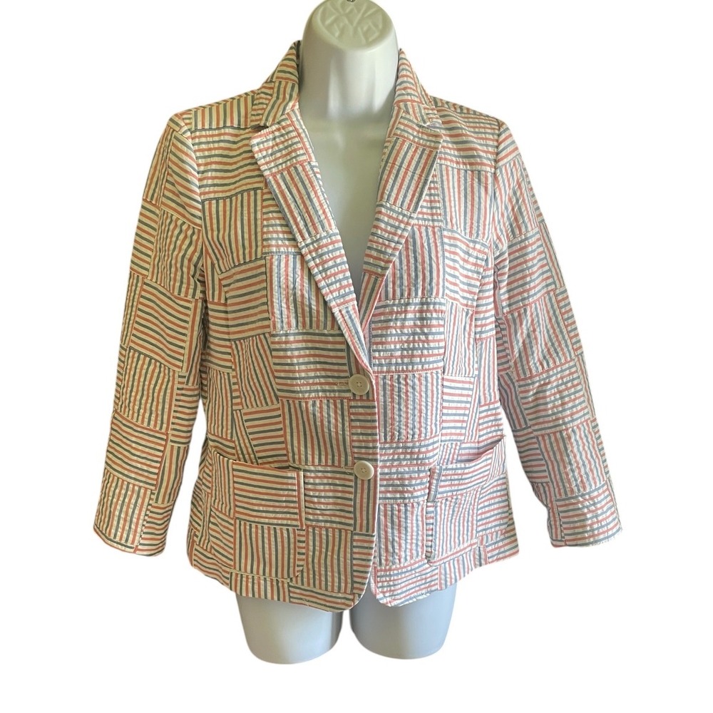 Talbots Seersucker Blazer Patchwork Stripe 3/4 Sleeve Career Jacket 2 - Picture 3 of 7